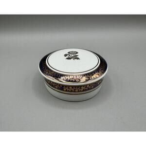 Porcelain Round Trinket Stash Box St. Regis Ltd Brazil Navy Blue Gold Floral